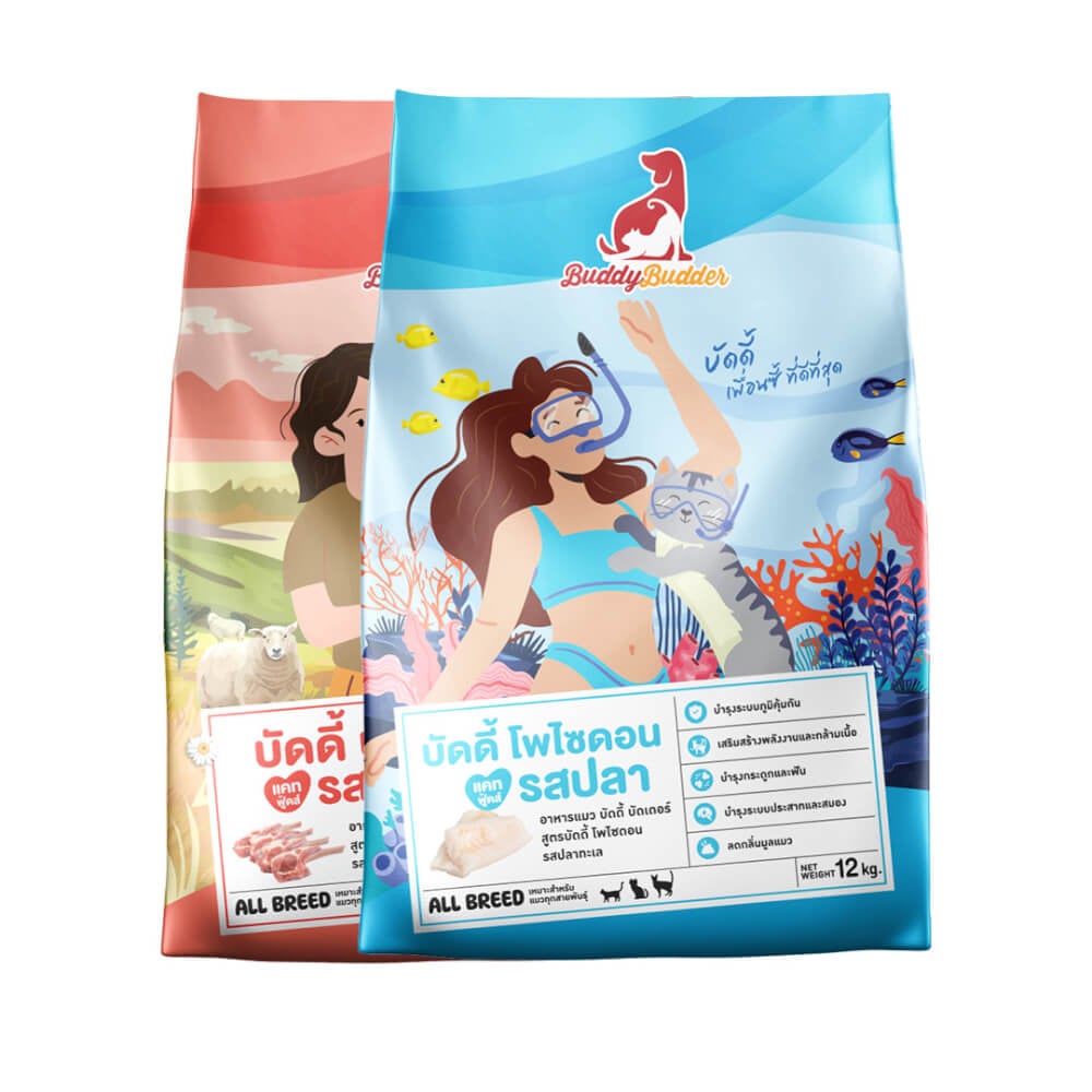 อาหารเม็ดสำหรับแมว BUDDY BUDDER แพ็กคู่ สูตรบัดดี้ บาบา รสแกะ & สูตรบัดดี้ โพไซดอน รสปลา (12 KG X 2)